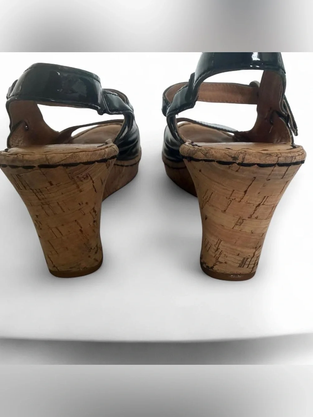 Born Black Patent Leather Cork Wedge Peep Toe Platform Sandals Size 8 Resortwear
